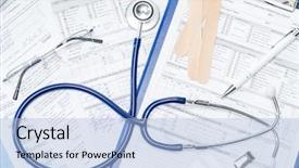  Presentation with medical desk - Slide deck with s office desk stethoscope patient background and a  colored foreground