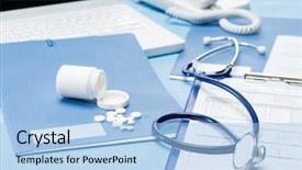  Presentation with medical supplies - Slide deck featuring s office desk with medical background and a  colored foreground