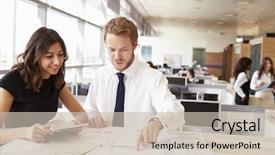  Presentation with working together - Slide set consisting of s plan - young man and woman working background and a soft green colored foreground