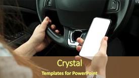  Presentation with mobile phone on car - Beautiful PPT theme featuring s sitting in her car backdrop and a coral colored foreground