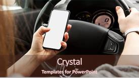  Presentation with mobile phone on car - Presentation design featuring s sitting in her car background and a wine colored foreground