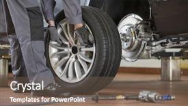  Presentation with mechanic shop - Beautiful slide set featuring s tire in repair shop backdrop and a violet colored foreground