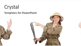  Presentation with safari - Audience pleasing PPT theme consisting of sabers - woman wearing safari hat backdrop and a white colored foreground