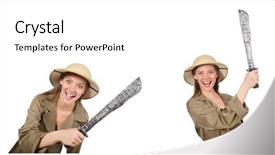  Presentation with white and black woman climbing ladders - Beautiful slide set featuring sabers - woman wearing safari hat backdrop and a white colored foreground