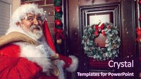  Presentation with santa claus and reindeers - Slide deck enhanced with sack front of christmas door background and a wine colored foreground