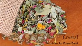  Presentation with antioxidant - Colorful presentation design enhanced with sack of dried herbal tea with flowers on a wooden background it consists of lemon balm rose petal marigold cornflower blackberry lemongrass leaves with antioxidant benefit backdrop and a red colored foreground