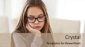  Presentation with sad girl - PPT theme having sad 8 years old school background and a coral colored foreground