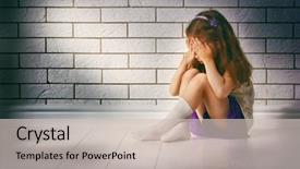  Presentation with sad - Audience pleasing PPT theme consisting of sad abused child - little girl is afraid backdrop and a soft green colored foreground