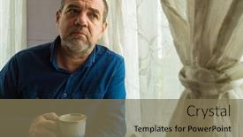  Presentation with house window - Cool new slide deck with sad-adult-man-drinking-tea backdrop and a violet colored foreground