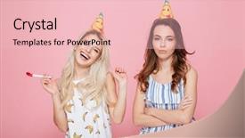  Presentation with women sad - Slide deck enhanced with sad and happy young women in hats celebrating birthday over pink background background and a lemonade colored foreground