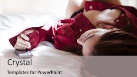  Presentation with bed - Amazing PPT theme having sad beautiful - girl on bed with mobile backdrop and a light gray colored foreground