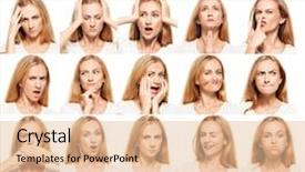  Presentation with emotions - Theme featuring sad beautiful - hamming woman female different emotions background and a  colored foreground