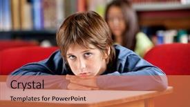  Presentation with big table - Presentation theme enhanced with sad kid - portrait of bored little schoolboy background and a coral colored foreground