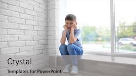  Presentation with sad - Amazing slides having sad boy sitting near window backdrop and a light gray colored foreground