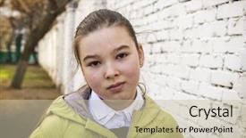  Presentation with sad teen - PPT layouts having sad brunette teen girl near a brick wall real people street photography background and a mint green colored foreground