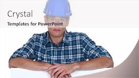  Presentation with poster - Presentation enhanced with sad builder stood with blank poster background and a white colored foreground