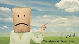  Presentation with sad - Presentation enhanced with sad businesswoman pointing at something over green field background and a mint green colored foreground