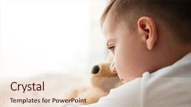  Presentation with teddy bear - Colorful slide deck enhanced with sad child - image of alone little boy backdrop and a lemonade colored foreground