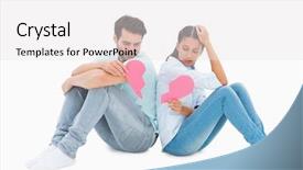  Presentation with broken heart - PPT theme with sad couple sitting holding two background and a white colored foreground