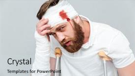  Presentation with sad - Theme featuring sad desperate miserable injured man with crutches and head bandage over gray background background and a sky blue colored foreground