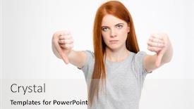  Presentation with hands down - Colorful presentation theme enhanced with sad disappointed young woman with long red hair showing thumbs down with both hands over white background backdrop and a light gray colored foreground