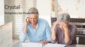  Presentation with home documents - PPT layouts with sad elderly man - worried senior couple with documents background and a lemonade colored foreground