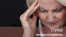  Presentation with headache - Slide deck featuring sad face - senior woman having headache background and a violet colored foreground