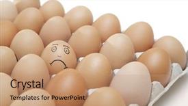  Presentation with happy sad mask face - Slide set consisting of sad face drawn on an egg surrounded by plain brown eggs in carton against white background background and a coral colored foreground