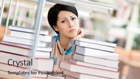  Presentation with piles - Presentation design featuring sad female student is tired of education surrounded with piles of books sitting at the table background and a soft green colored foreground