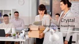  Presentation with loss - Presentation design with sad fired female employee leaving background and a coral colored foreground