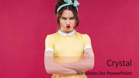  Presentation with sad girl - Presentation theme featuring sad frowning pinup girl in yellow dress standing with arms crossed over pink background background and a red colored foreground