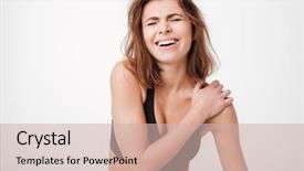  Presentation with shoulder pain - Cool new theme with sad frowning young woman athlete having shoulder pain over white background backdrop and a soft green colored foreground