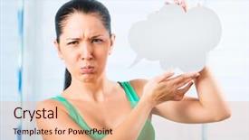  Presentation with 2018 goals text on white - Theme featuring sad girl cartoon - sulky young brunette woman holding background and a coral colored foreground