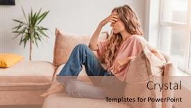  Presentation with sad woman lonely - Slide deck featuring sad-girl-sitting-on-sofa background and a coral colored foreground