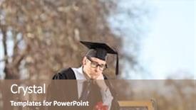  Presentation with lens - Audience pleasing PPT theme consisting of sad graduate student sitting on a bench in park shot with tilt and shift lens backdrop and a coral colored foreground