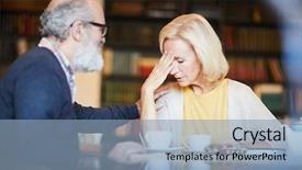  Presentation with tea cup - PPT theme consisting of sad grandparents - blonde woman touching her forehead background and a  colored foreground