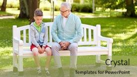  Presentation with family communication - Slide set consisting of sad grandparents - family generation communication and people background and a yellow colored foreground