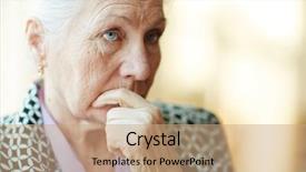  Presentation with advisor to senior clients - Cool new presentation theme with sad grandparents - pensive senior woman looking aside backdrop and a  colored foreground