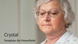  Presentation with pair eyes looking down - PPT theme enhanced with sad grandparents - senior aged woman looking down background and a light gray colored foreground