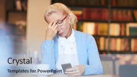  Presentation with reading table - Audience pleasing presentation theme consisting of sad grandparents - stressed aged blonde woman reading backdrop and a light blue colored foreground