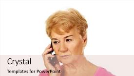  Presentation with phone - PPT theme featuring sad grandparents - worried senior woman talking background and a  colored foreground