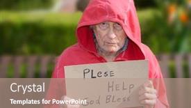  Presentation with homeless - Slide set consisting of sad image of a senior homeless man in park background and a coral colored foreground
