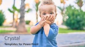  Presentation with teeth pain - Presentation design featuring sad-little-boy-putting-fingers background and a teal colored foreground