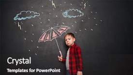  Presentation with sad - Audience pleasing PPT layouts consisting of sad little kid looking at camera while holding umbrella on the chalkboard with drawings of a rain backdrop and a dark gray colored foreground