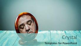  Presentation with round table - PPT theme consisting of sad-male-face-reflected background and a light blue colored foreground