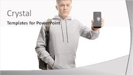  Presentation with sad - Presentation theme featuring sad male teenager holding a mobile phone with a broken screen isolated on white background background and a white colored foreground