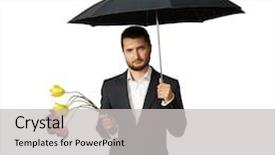  Presentation with under umbrella - Slides having sad man with faded flowers standing under umbrella isolated on white background background and a light gray colored foreground