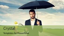  Presentation with faded - PPT theme featuring sad man with faded flowers standing under umbrella outdoors background and a mint green colored foreground