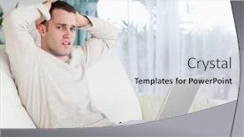  Presentation with social isolation - Slide set with sad man working with his laptop in his living room working from home in quarantine lockdown social distancing self isolation background and a sky blue colored foreground