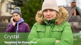  Presentation with bad news - Cool new slide deck with sad-mature-woman backdrop and a seafoam green colored foreground